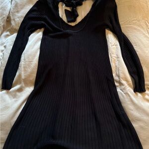 Black Ribbed Cowl Neck Long Sleeve Dress
